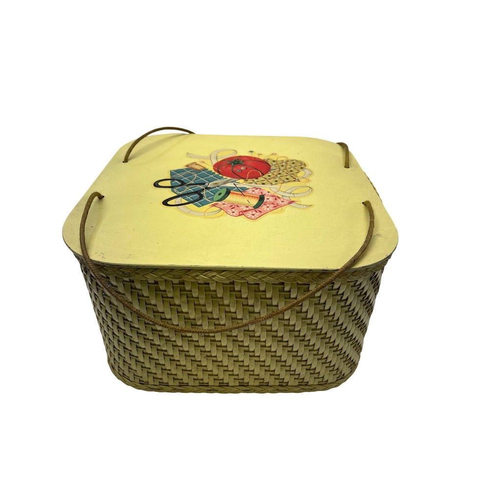 VTG 50s Princess Sewing Basket Retro Tomato Pincushion Wicker MCM Yellow Lid